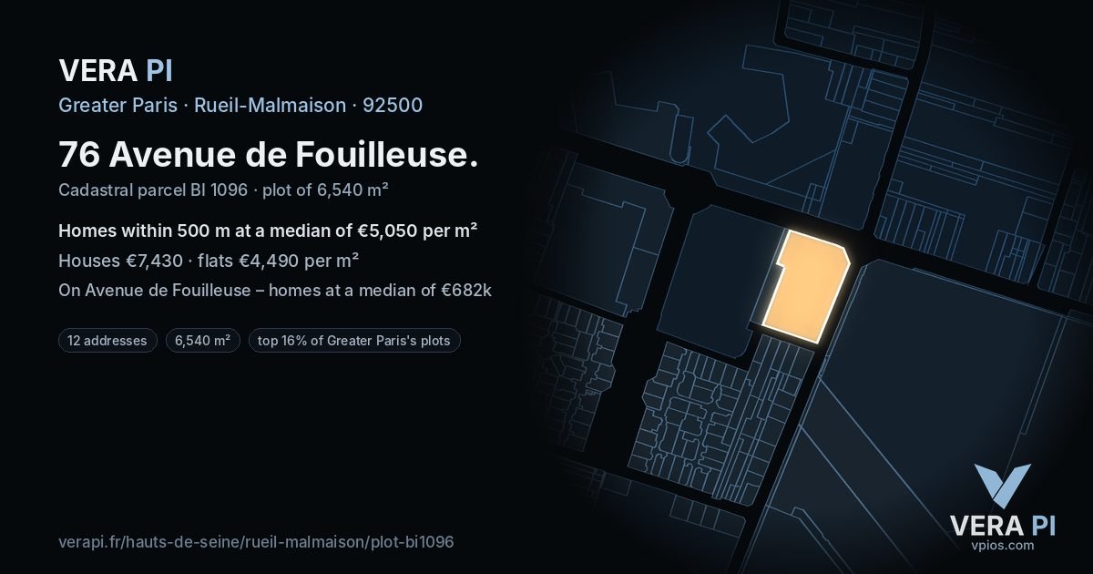 76 Avenue de Fouilleuse, Rueil-Malmaison at night – the plot lit, the parcels around coloured by the prices near them