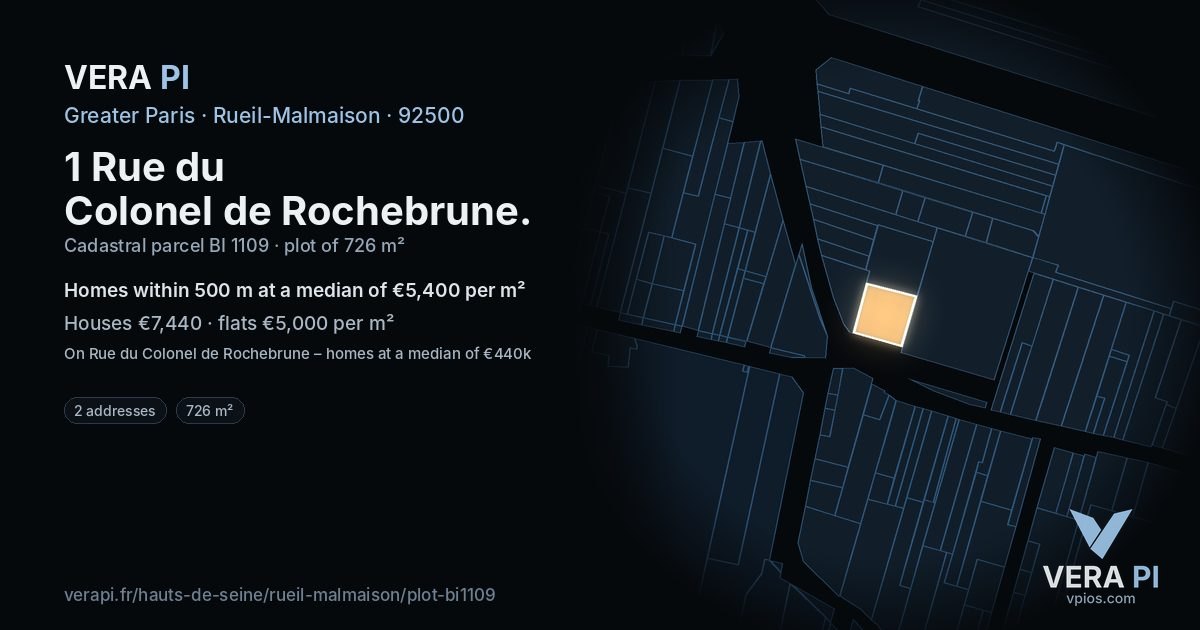 1 Rue du Colonel de Rochebrune, Rueil-Malmaison at night – the plot lit, the parcels around coloured by the prices near them