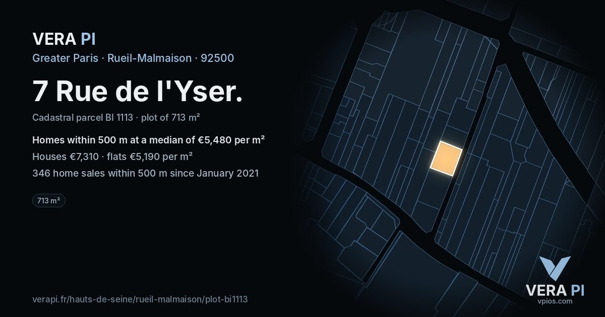 7 Rue de l'Yser, Rueil-Malmaison at night – the plot lit, the parcels around coloured by the prices near them