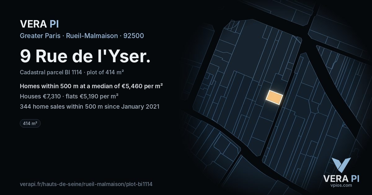 9 Rue de l'Yser, Rueil-Malmaison at night – the plot lit, the parcels around coloured by the prices near them