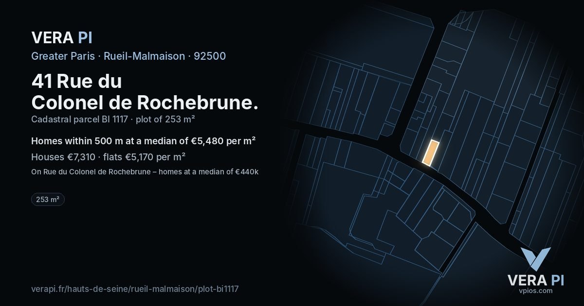 41 Rue du Colonel de Rochebrune, Rueil-Malmaison at night – the plot lit, the parcels around coloured by the prices near them