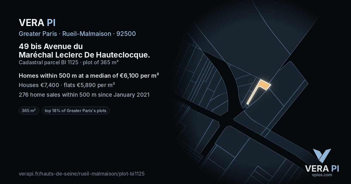 49 bis Avenue du Maréchal Leclerc De Hauteclocque, Rueil-Malmaison at night – the plot lit, the parcels around coloured by the prices near them