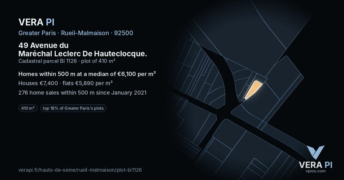 49 Avenue du Maréchal Leclerc De Hauteclocque, Rueil-Malmaison at night – the plot lit, the parcels around coloured by the prices near them