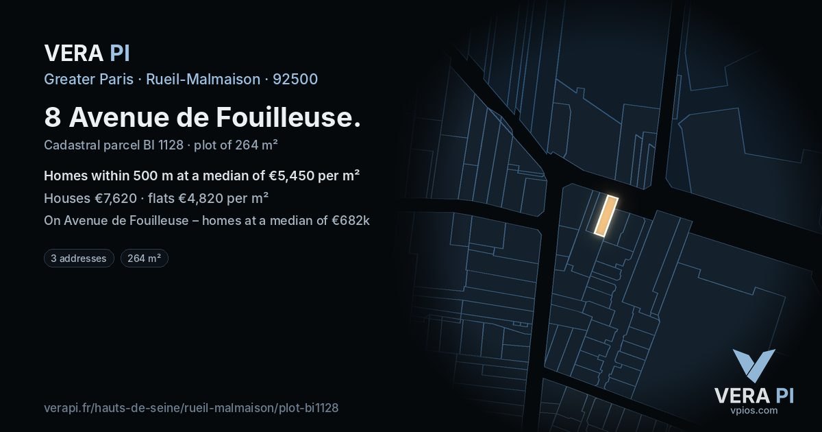 8 Avenue de Fouilleuse, Rueil-Malmaison at night – the plot lit, the parcels around coloured by the prices near them