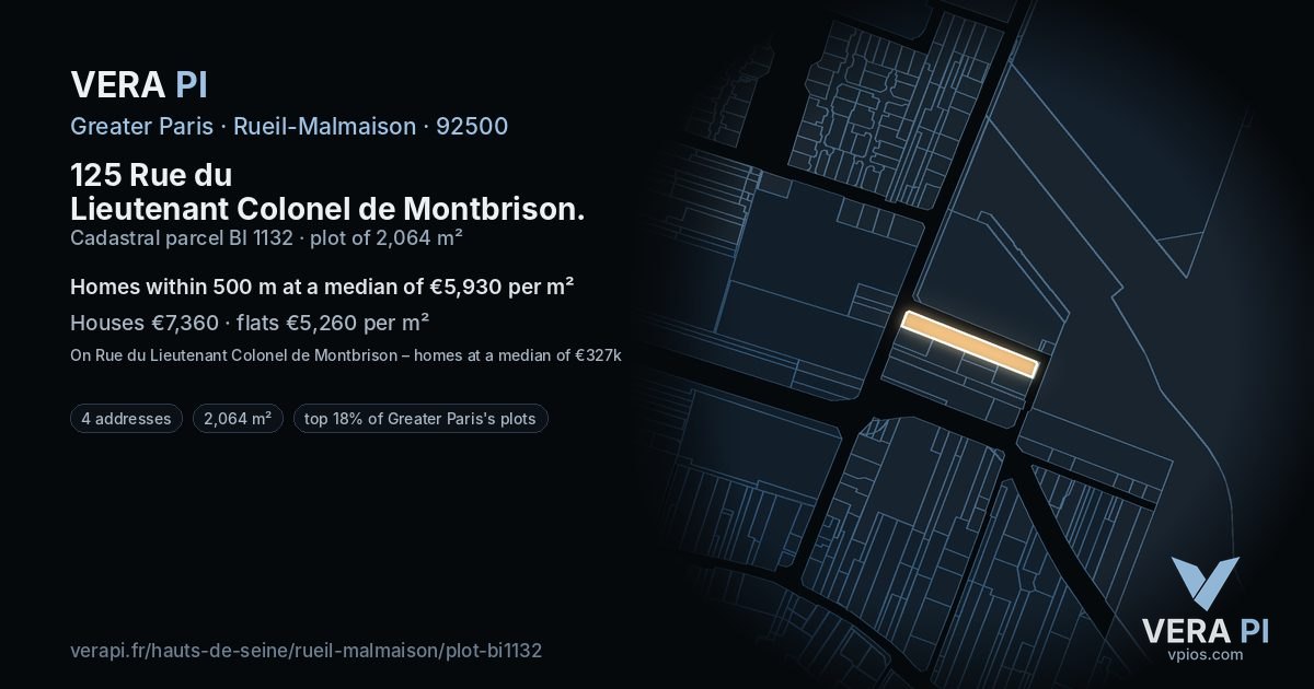 125 Rue du Lieutenant Colonel de Montbrison, Rueil-Malmaison at night – the plot lit, the parcels around coloured by the prices near them