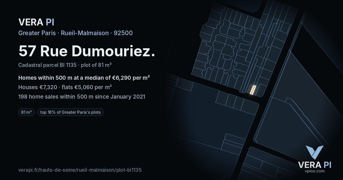 57 Rue Dumouriez, Rueil-Malmaison at night – the plot lit, the parcels around coloured by the prices near them