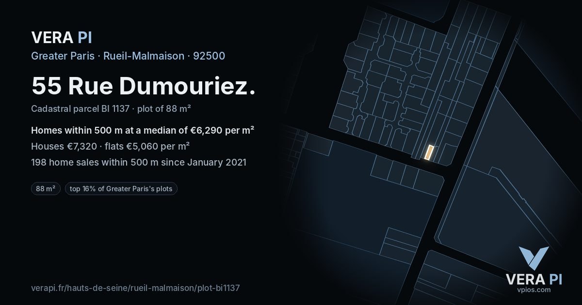 55 Rue Dumouriez, Rueil-Malmaison at night – the plot lit, the parcels around coloured by the prices near them