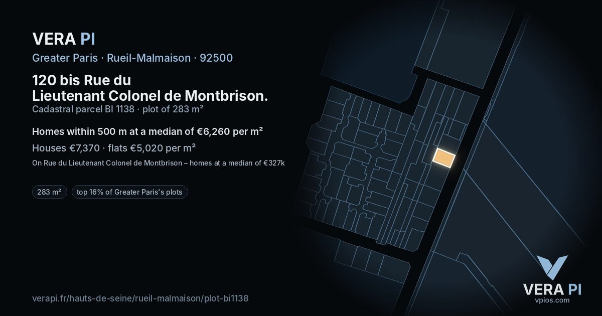 120 bis Rue du Lieutenant Colonel de Montbrison, Rueil-Malmaison at night – the plot lit, the parcels around coloured by the prices near them