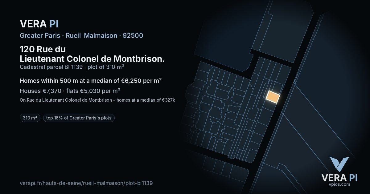 120 Rue du Lieutenant Colonel de Montbrison, Rueil-Malmaison at night – the plot lit, the parcels around coloured by the prices near them