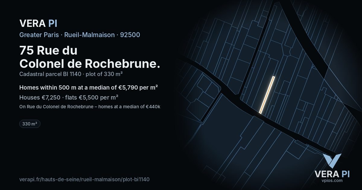 75 Rue du Colonel de Rochebrune, Rueil-Malmaison at night – the plot lit, the parcels around coloured by the prices near them