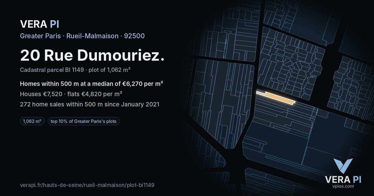 20 Rue Dumouriez, Rueil-Malmaison at night – the plot lit, the parcels around coloured by the prices near them