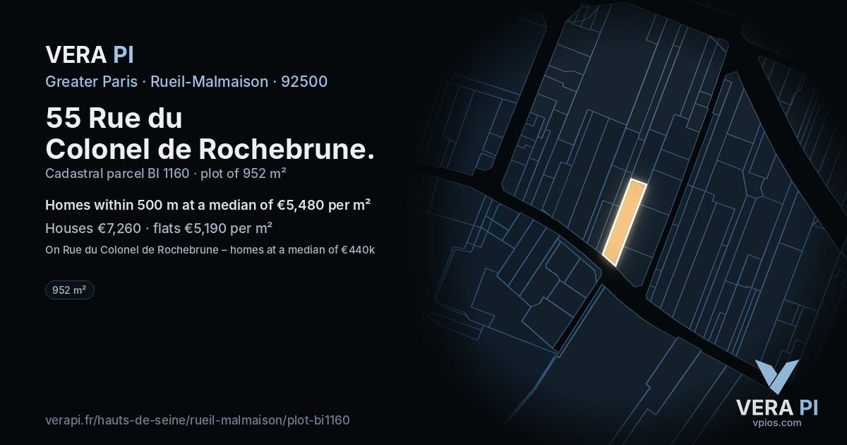 55 Rue du Colonel de Rochebrune, Rueil-Malmaison at night – the plot lit, the parcels around coloured by the prices near them