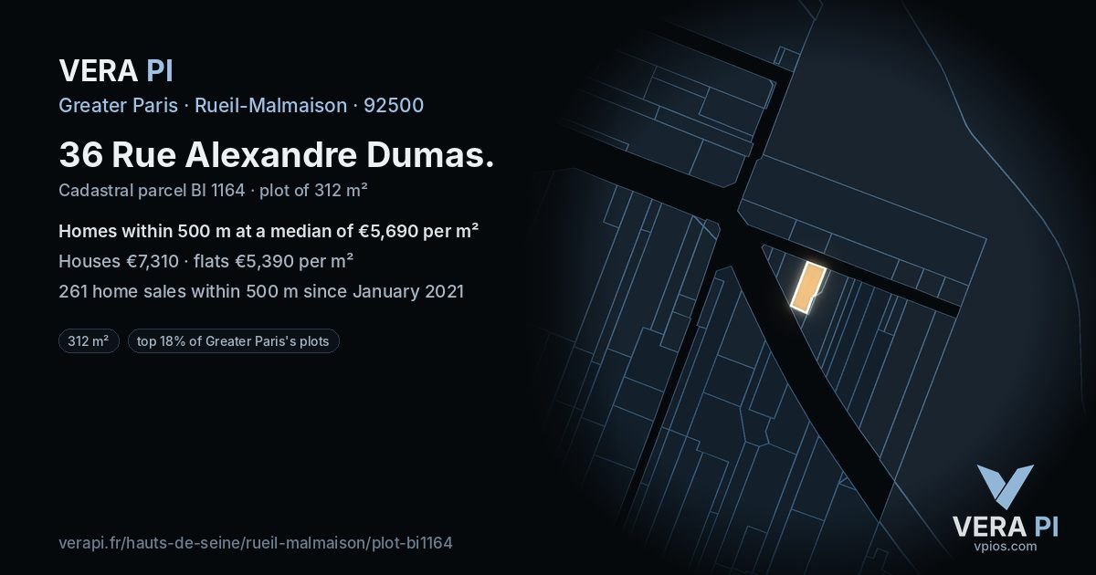 36 Rue Alexandre Dumas, Rueil-Malmaison at night – the plot lit, the parcels around coloured by the prices near them