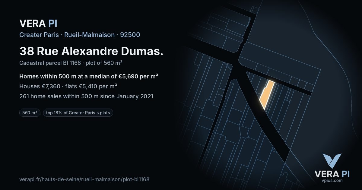 38 Rue Alexandre Dumas, Rueil-Malmaison at night – the plot lit, the parcels around coloured by the prices near them