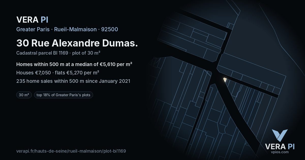 30 Rue Alexandre Dumas, Rueil-Malmaison at night – the plot lit, the parcels around coloured by the prices near them