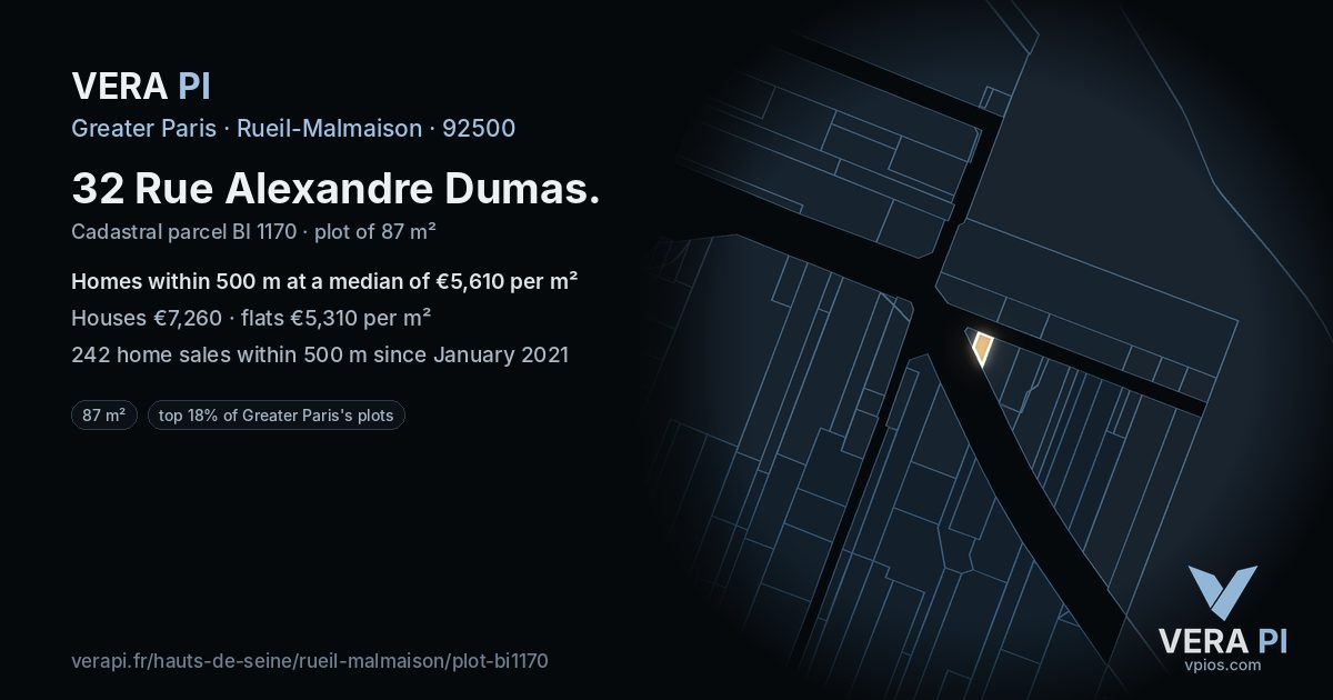 32 Rue Alexandre Dumas, Rueil-Malmaison at night – the plot lit, the parcels around coloured by the prices near them