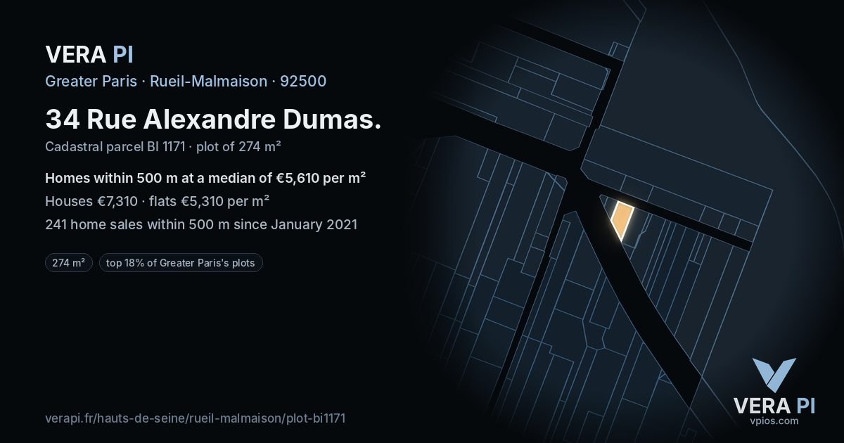 34 Rue Alexandre Dumas, Rueil-Malmaison at night – the plot lit, the parcels around coloured by the prices near them