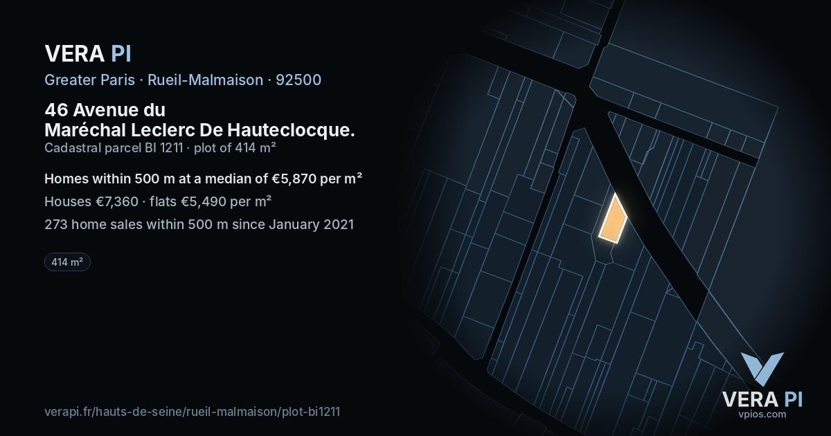 46 Avenue du Maréchal Leclerc De Hauteclocque, Rueil-Malmaison at night – the plot lit, the parcels around coloured by the prices near them