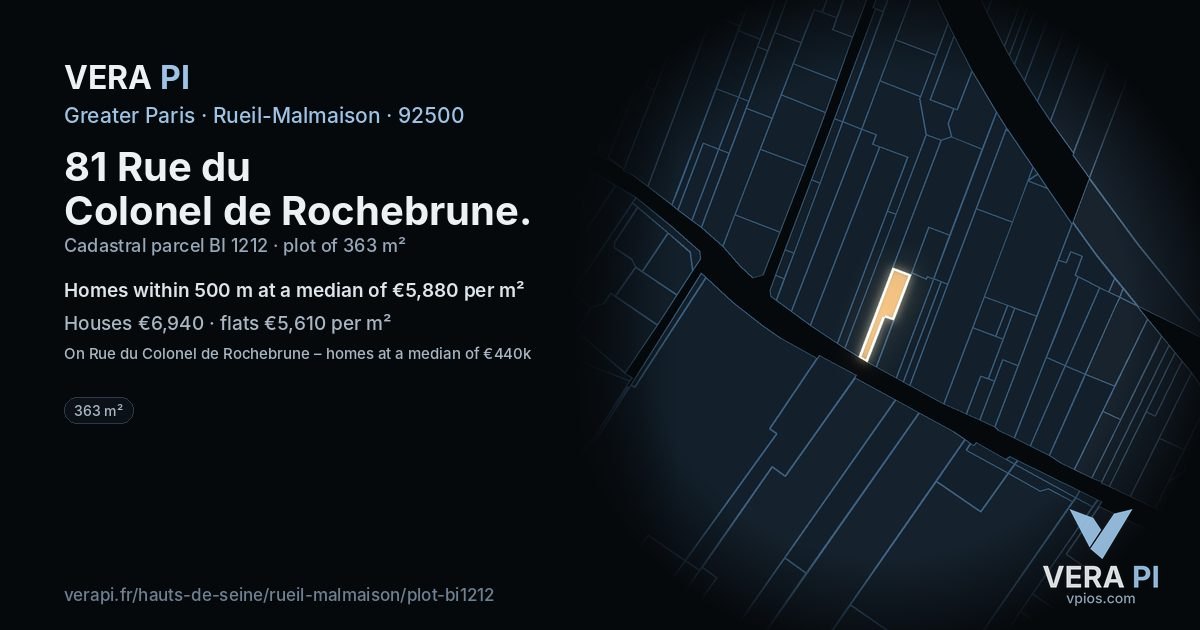 81 Rue du Colonel de Rochebrune, Rueil-Malmaison at night – the plot lit, the parcels around coloured by the prices near them