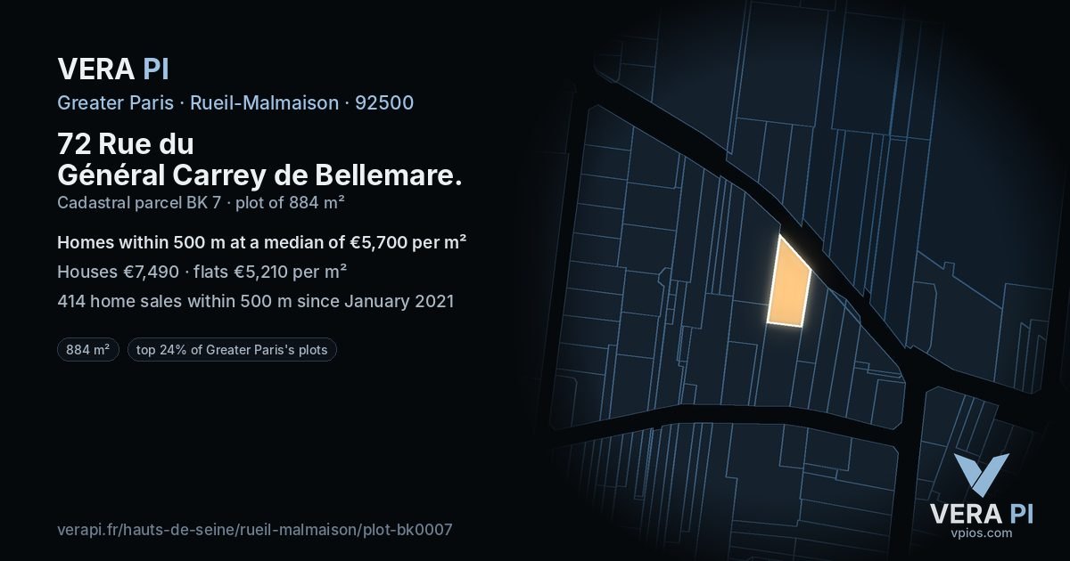 72 Rue du Général Carrey de Bellemare, Rueil-Malmaison at night – the plot lit, the parcels around coloured by the prices near them