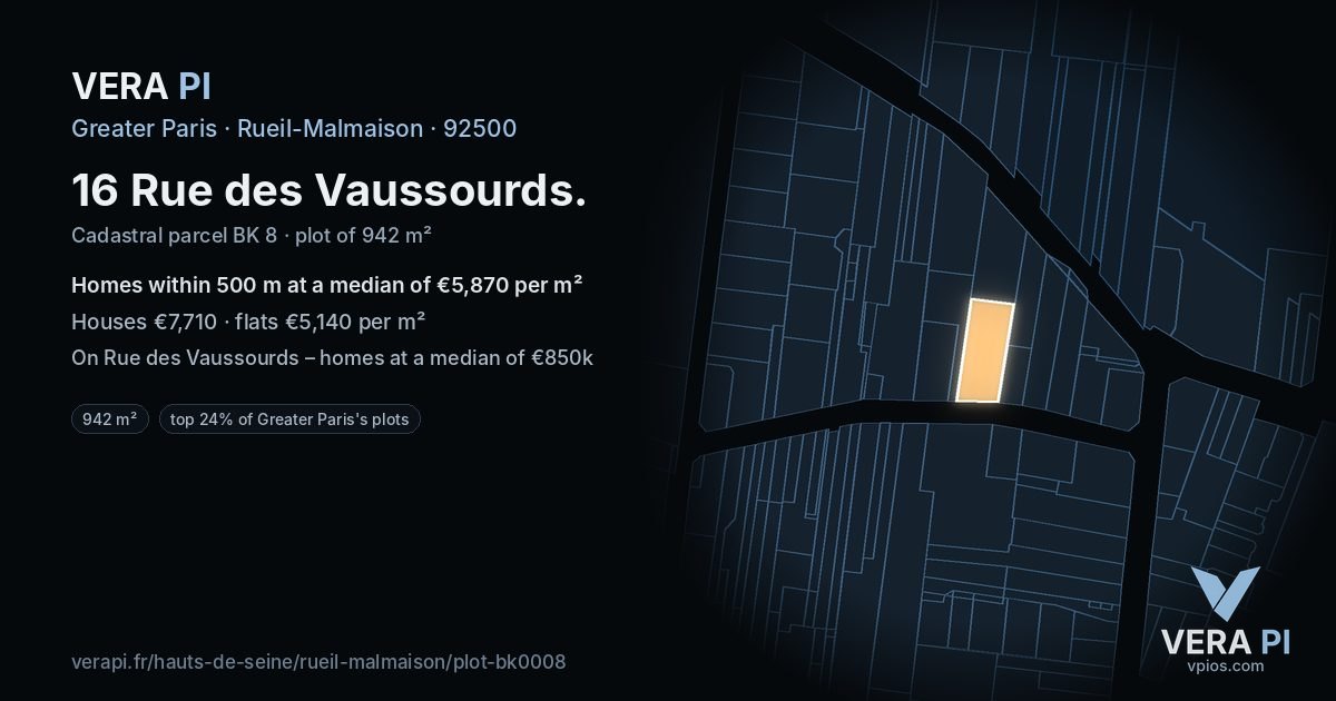 16 Rue des Vaussourds, Rueil-Malmaison at night – the plot lit, the parcels around coloured by the prices near them
