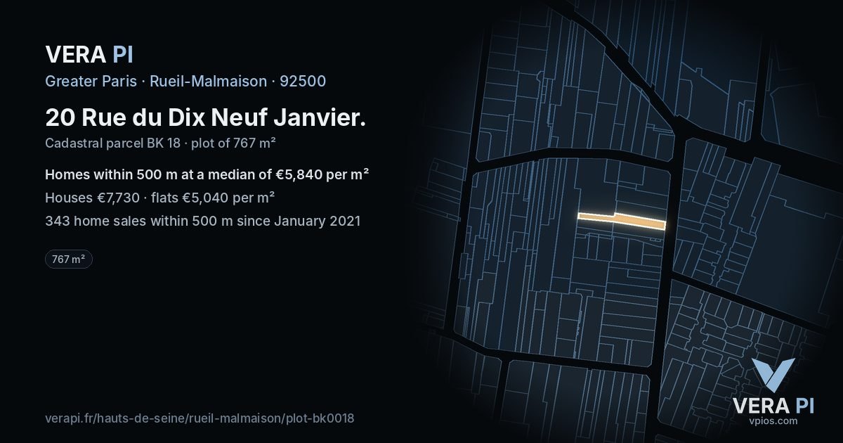 20 Rue du Dix Neuf Janvier, Rueil-Malmaison at night – the plot lit, the parcels around coloured by the prices near them