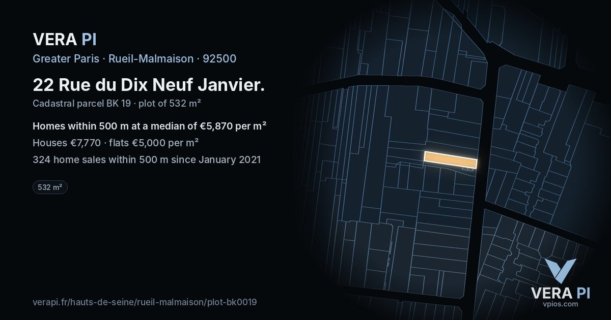 22 Rue du Dix Neuf Janvier, Rueil-Malmaison at night – the plot lit, the parcels around coloured by the prices near them