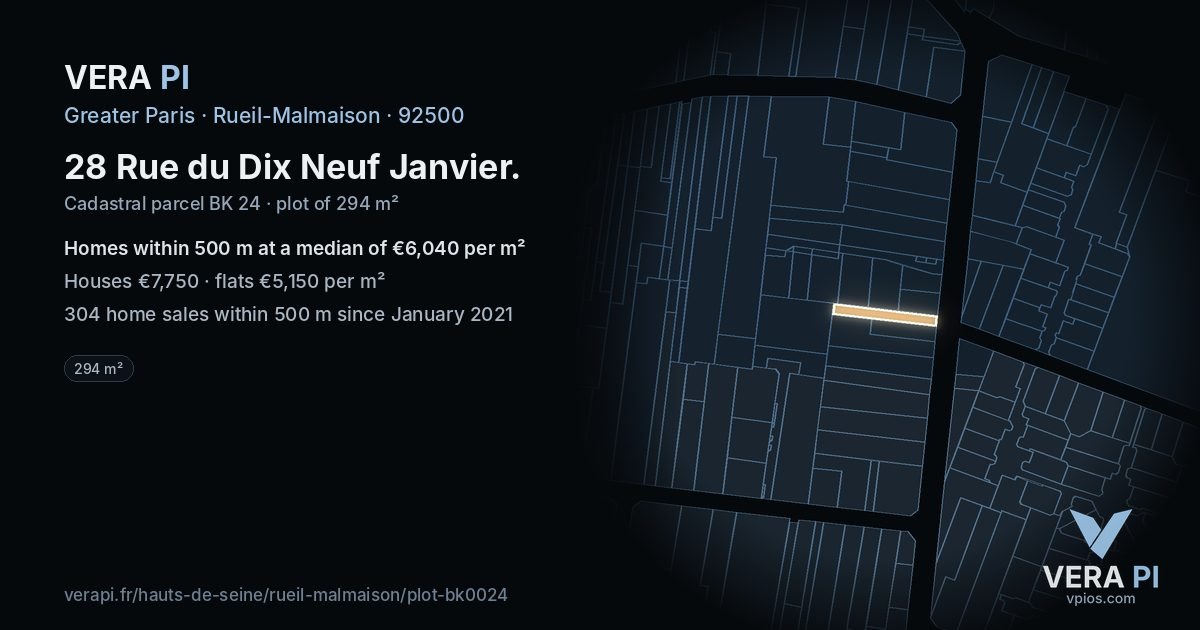 28 Rue du Dix Neuf Janvier, Rueil-Malmaison at night – the plot lit, the parcels around coloured by the prices near them