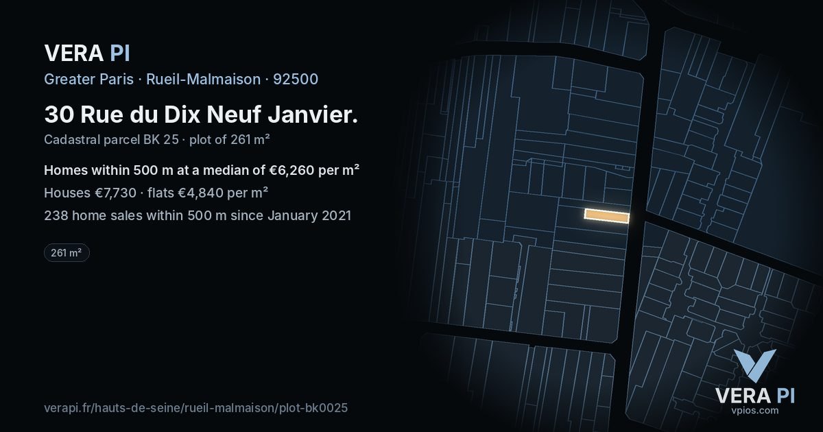 30 Rue du Dix Neuf Janvier, Rueil-Malmaison at night – the plot lit, the parcels around coloured by the prices near them
