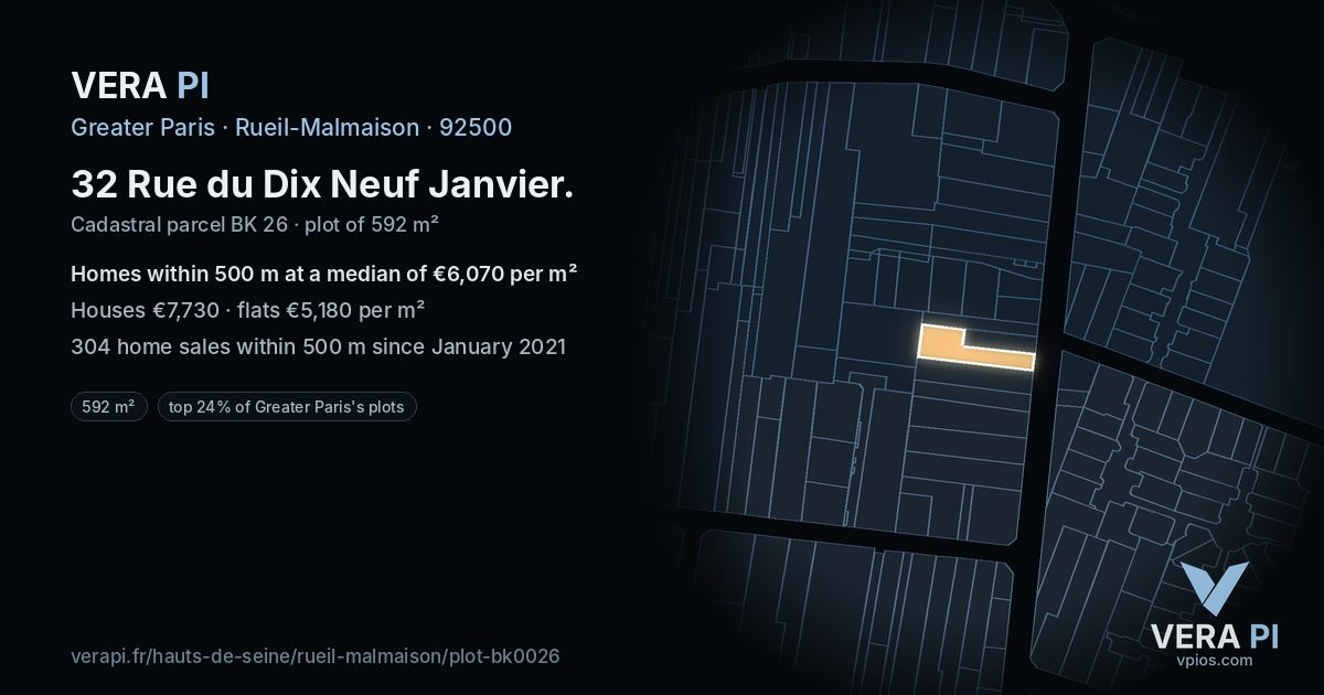 32 Rue du Dix Neuf Janvier, Rueil-Malmaison at night – the plot lit, the parcels around coloured by the prices near them