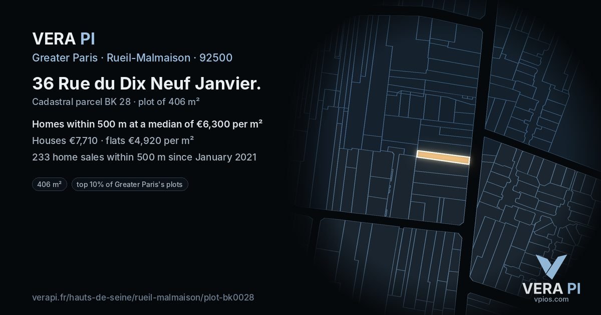 36 Rue du Dix Neuf Janvier, Rueil-Malmaison at night – the plot lit, the parcels around coloured by the prices near them