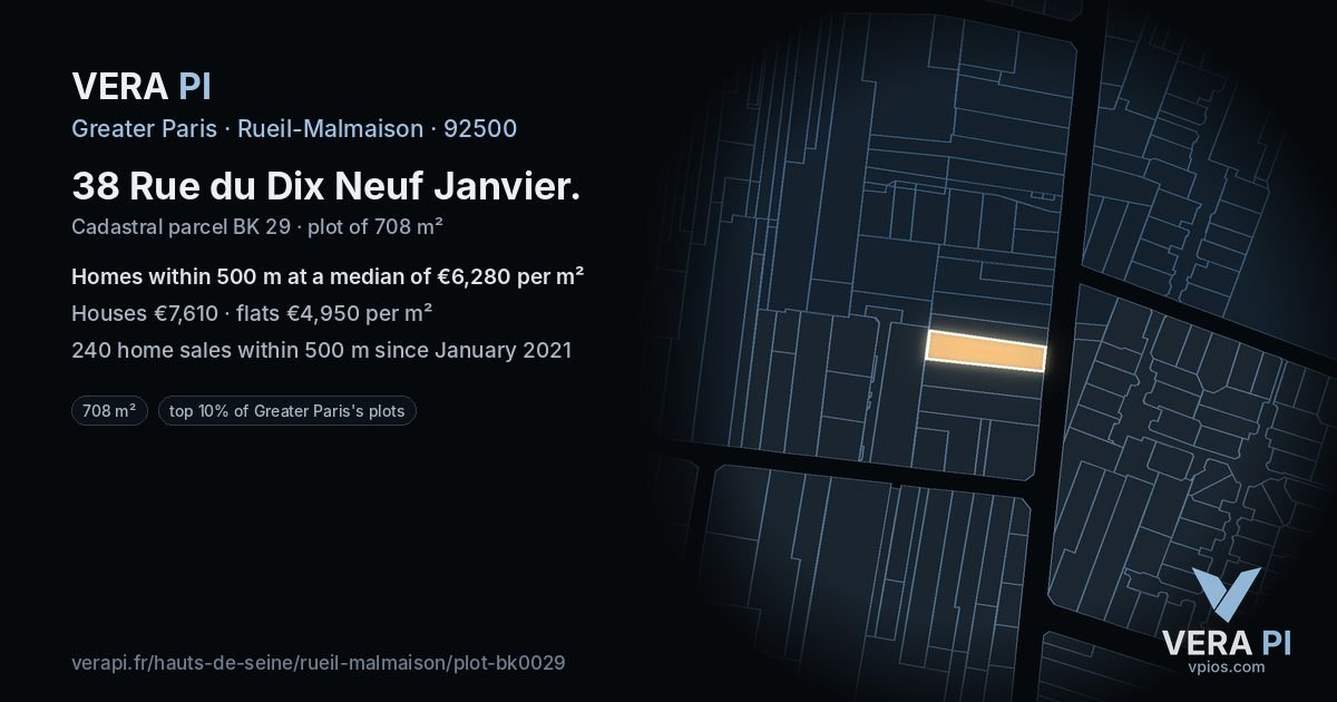 38 Rue du Dix Neuf Janvier, Rueil-Malmaison at night – the plot lit, the parcels around coloured by the prices near them