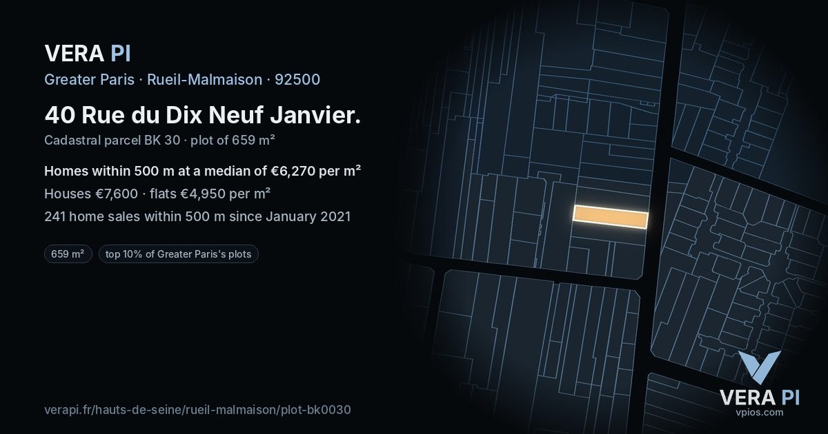 40 Rue du Dix Neuf Janvier, Rueil-Malmaison at night – the plot lit, the parcels around coloured by the prices near them