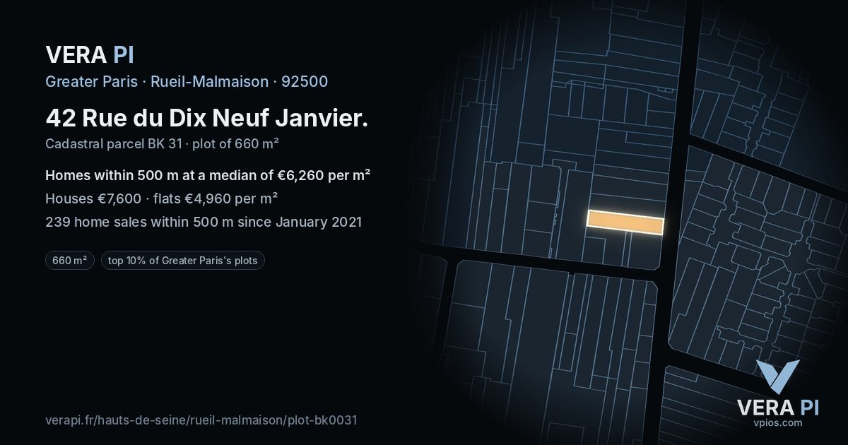 42 Rue du Dix Neuf Janvier, Rueil-Malmaison at night – the plot lit, the parcels around coloured by the prices near them