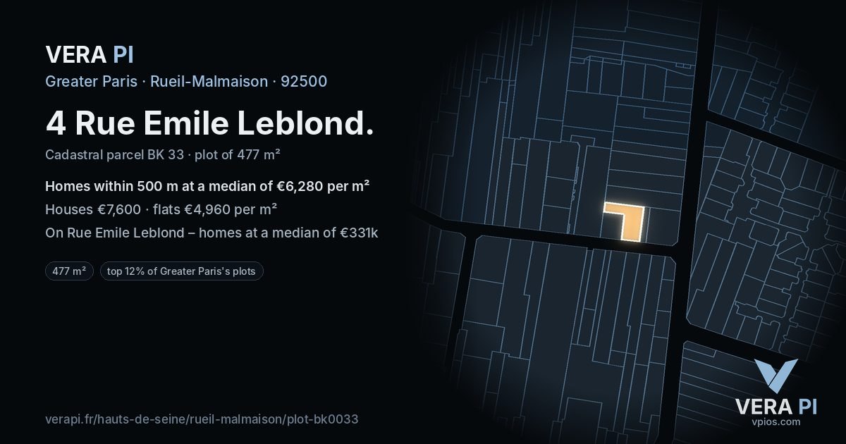 4 Rue Emile Leblond, Rueil-Malmaison at night – the plot lit, the parcels around coloured by the prices near them