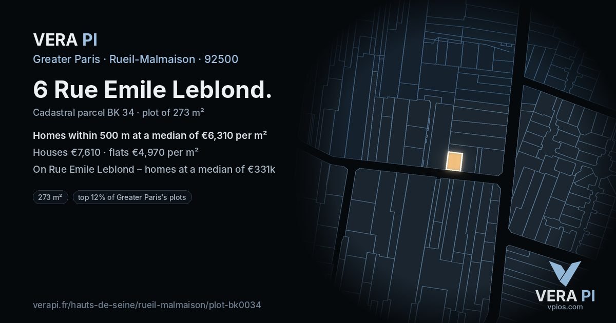 6 Rue Emile Leblond, Rueil-Malmaison at night – the plot lit, the parcels around coloured by the prices near them