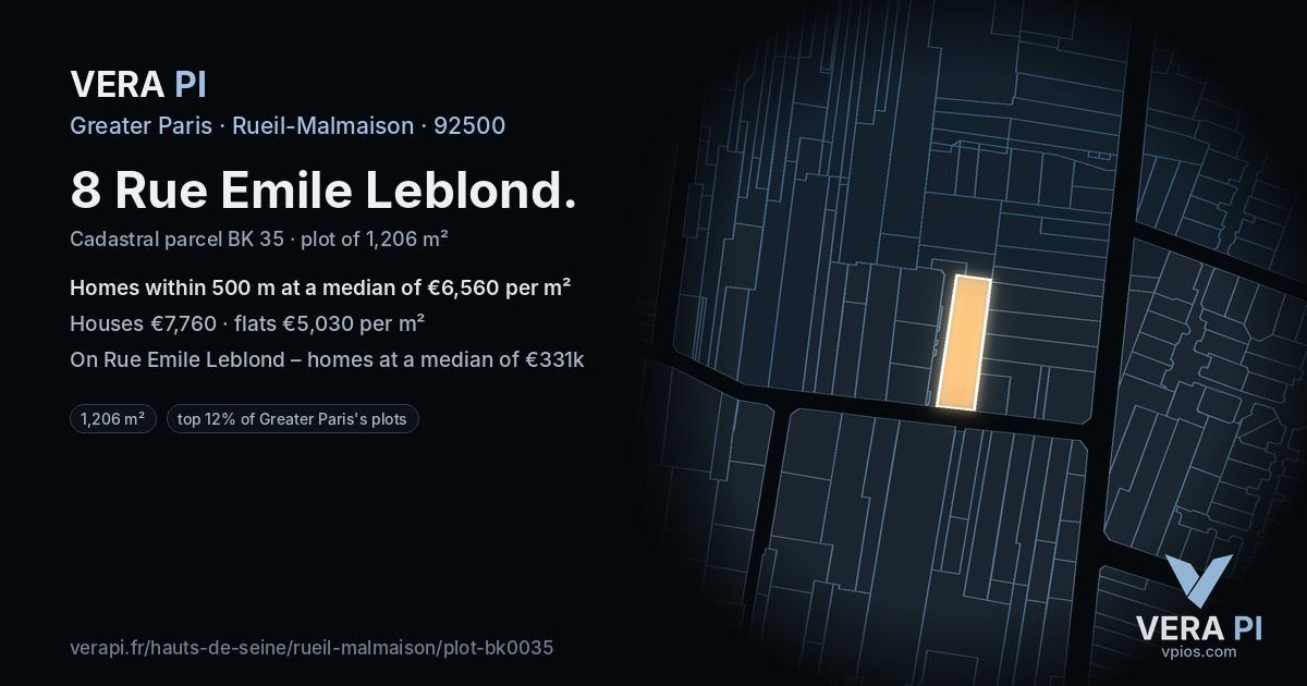 8 Rue Emile Leblond, Rueil-Malmaison at night – the plot lit, the parcels around coloured by the prices near them