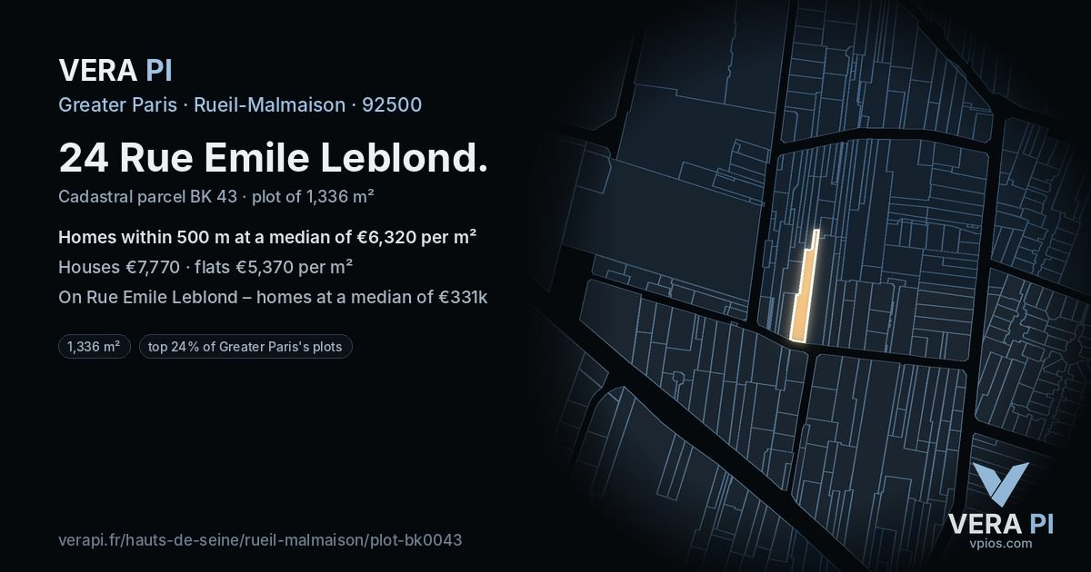 24 Rue Emile Leblond, Rueil-Malmaison at night – the plot lit, the parcels around coloured by the prices near them