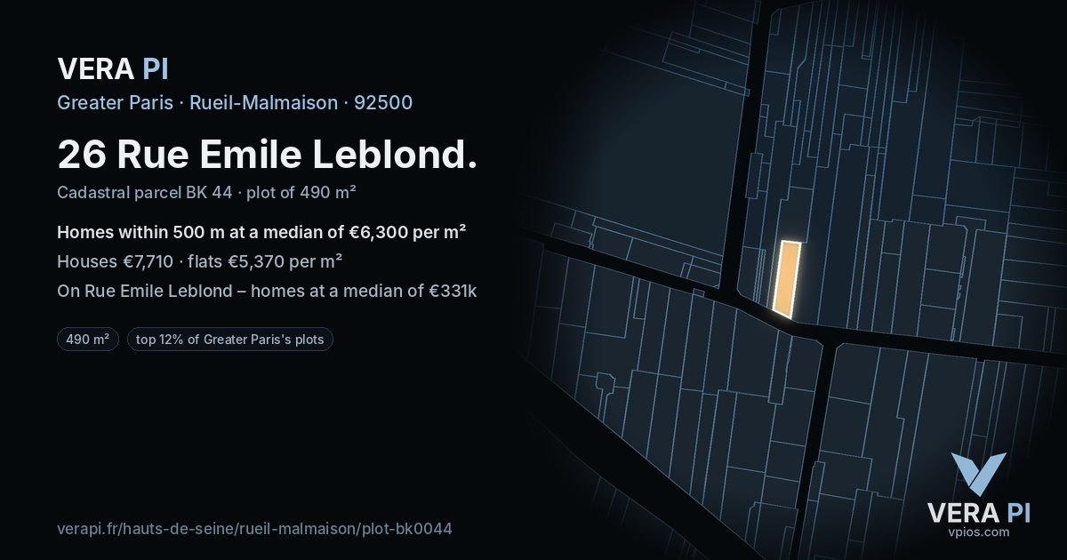 26 Rue Emile Leblond, Rueil-Malmaison at night – the plot lit, the parcels around coloured by the prices near them