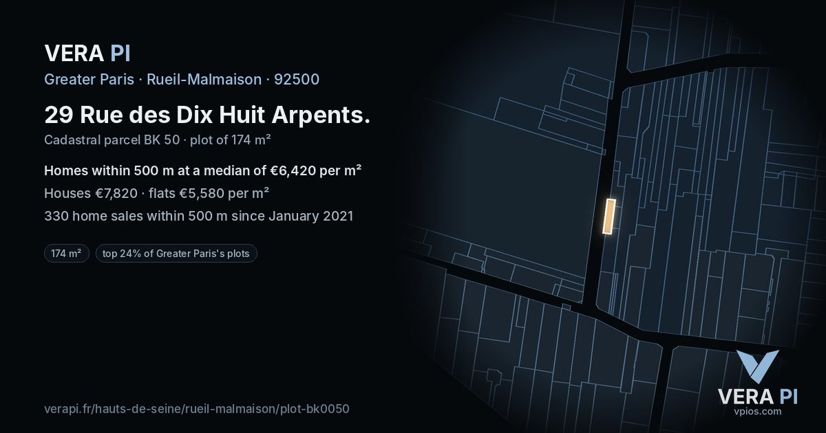 29 Rue des Dix Huit Arpents, Rueil-Malmaison at night – the plot lit, the parcels around coloured by the prices near them