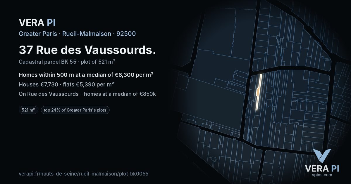 37 Rue des Vaussourds, Rueil-Malmaison at night – the plot lit, the parcels around coloured by the prices near them