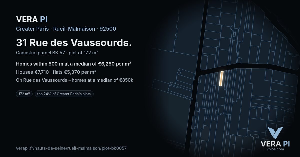 31 Rue des Vaussourds, Rueil-Malmaison at night – the plot lit, the parcels around coloured by the prices near them