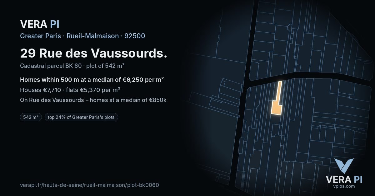 29 Rue des Vaussourds, Rueil-Malmaison at night – the plot lit, the parcels around coloured by the prices near them
