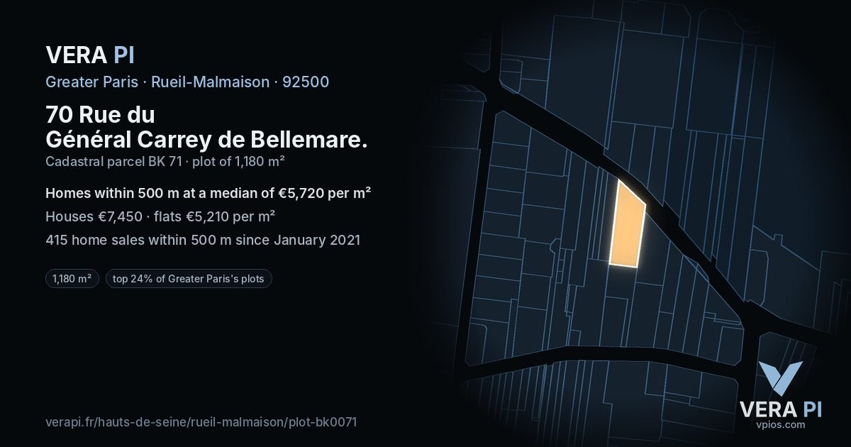 70 Rue du Général Carrey de Bellemare, Rueil-Malmaison at night – the plot lit, the parcels around coloured by the prices near them