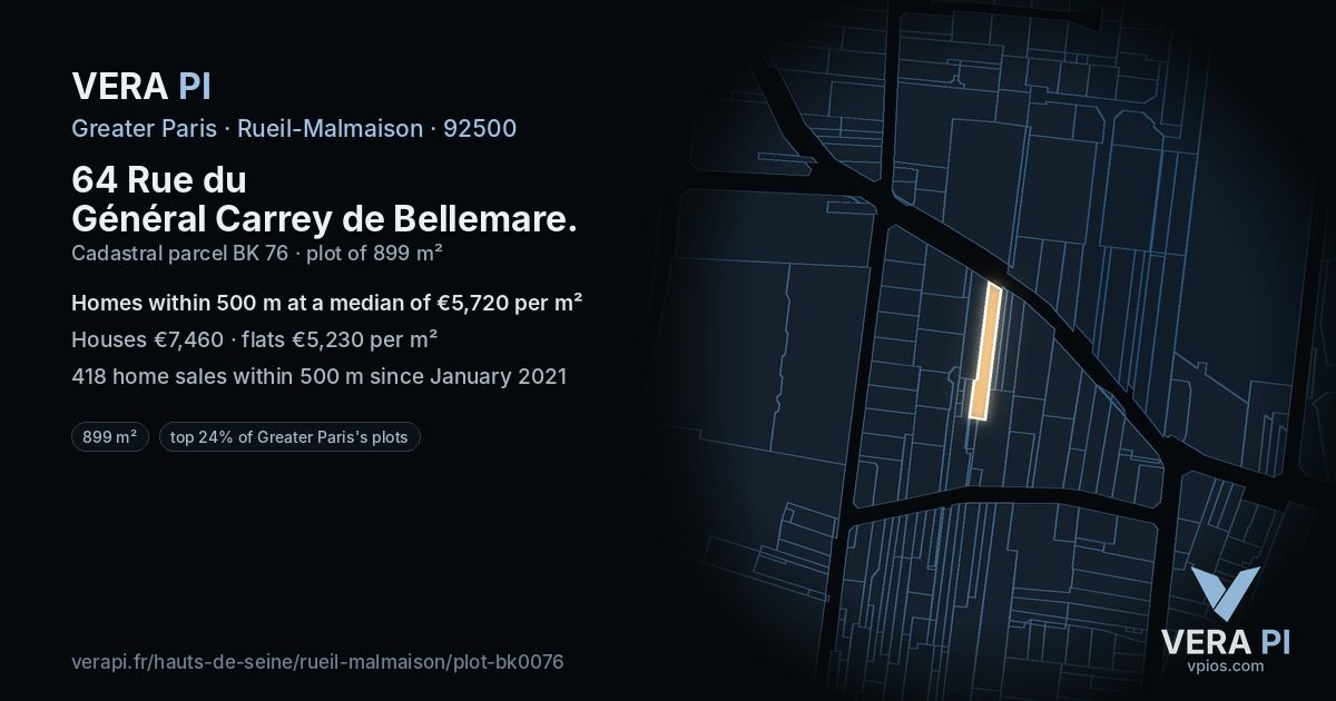 64 Rue du Général Carrey de Bellemare, Rueil-Malmaison at night – the plot lit, the parcels around coloured by the prices near them