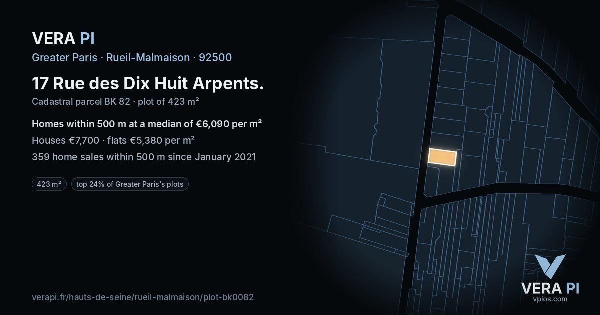 17 Rue des Dix Huit Arpents, Rueil-Malmaison at night – the plot lit, the parcels around coloured by the prices near them