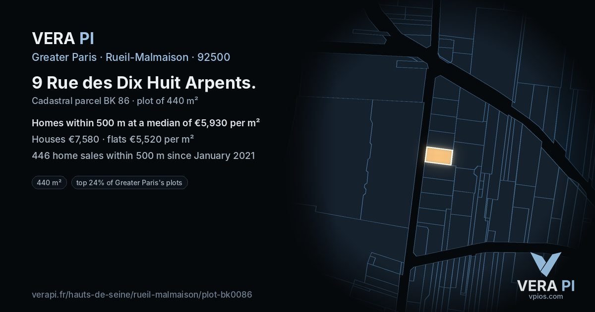 9 Rue des Dix Huit Arpents, Rueil-Malmaison at night – the plot lit, the parcels around coloured by the prices near them
