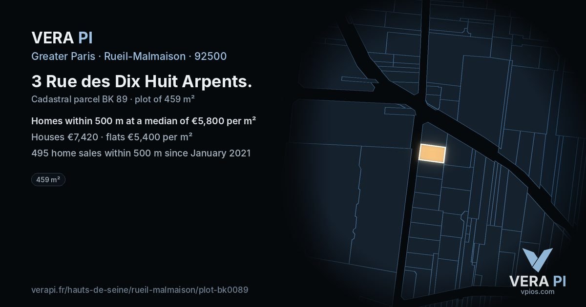 3 Rue des Dix Huit Arpents, Rueil-Malmaison at night – the plot lit, the parcels around coloured by the prices near them