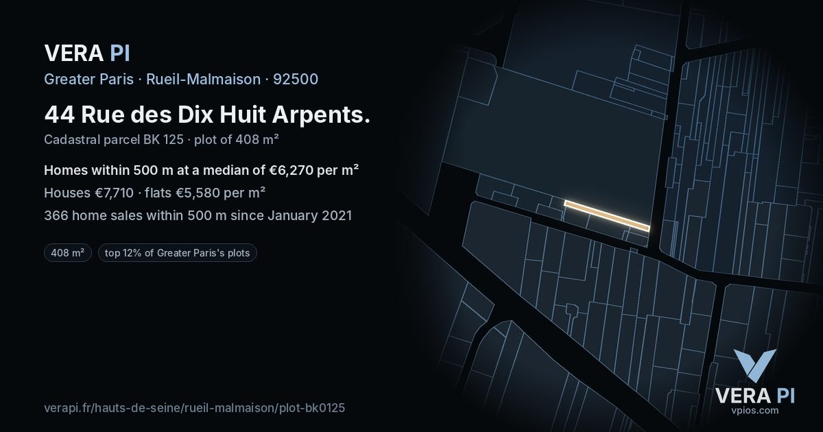 44 Rue des Dix Huit Arpents, Rueil-Malmaison at night – the plot lit, the parcels around coloured by the prices near them