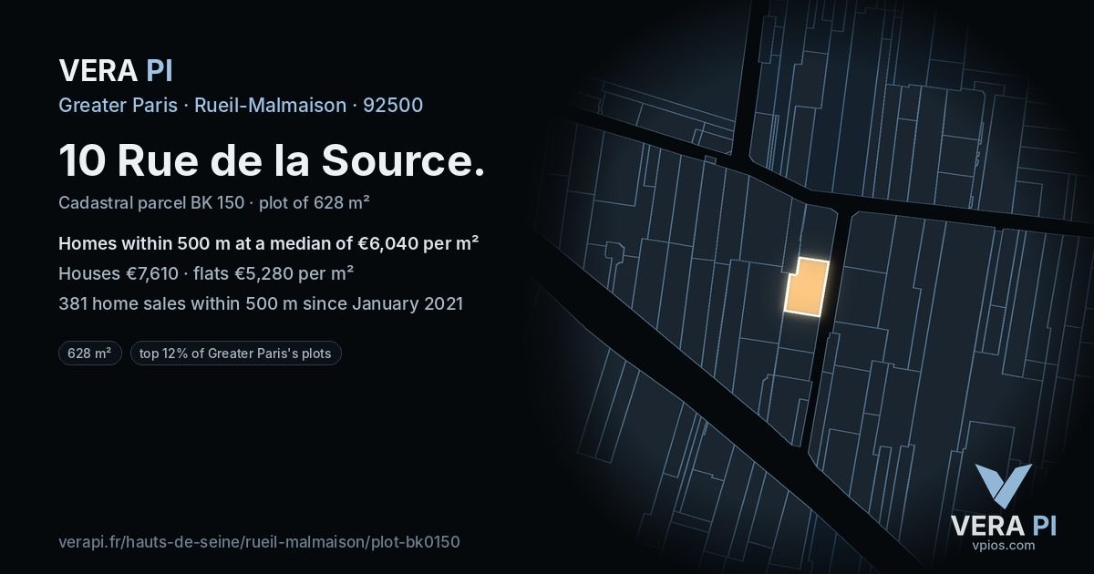 10 Rue de la Source, Rueil-Malmaison at night – the plot lit, the parcels around coloured by the prices near them